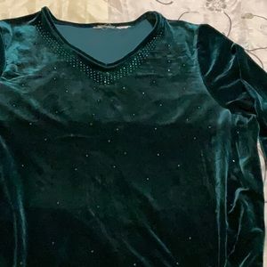 Dark green velvety v-neck top with sequins and split on both sides at hip